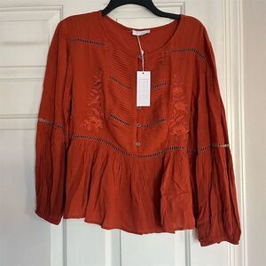 Sage The Label Women's XS Orange Floral Embroidered Blouse Long Sleeve
